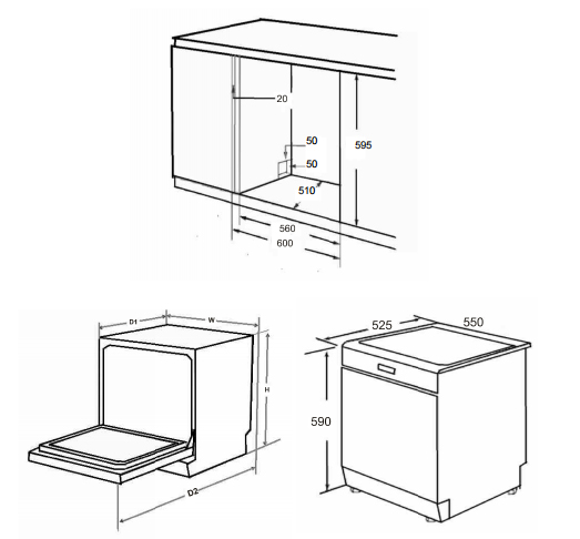 Kích thước lắp đặt máy rửa bát