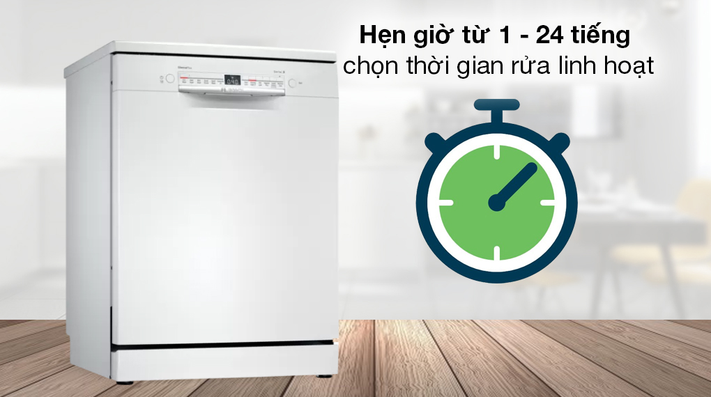 Máy rửa chén độc lập Bosch SMS2IVW01P - Chức năng hẹn giờ từ 1 - 24 tiếng cho người nội trợ kiểm soát thời gian rửa dễ dàng